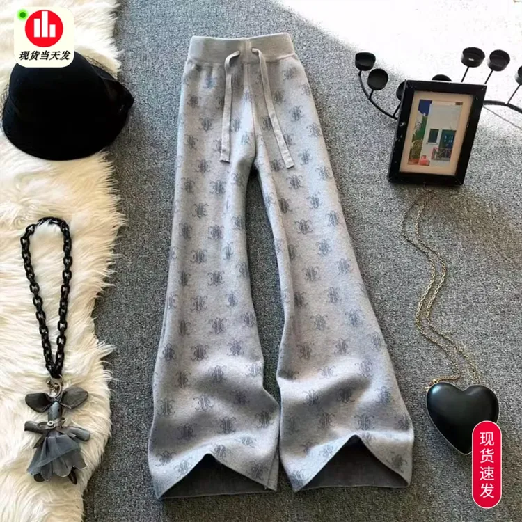 水貂绒印花垂感直筒休闲灰色阔腿针织裤女秋冬季2025新款潮牌女装