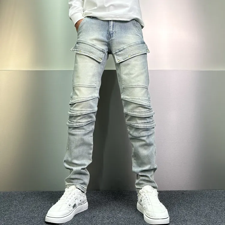 【机车小脚裤】拼接个性水洗弹力修身男士小脚裤浅色蓝牛仔