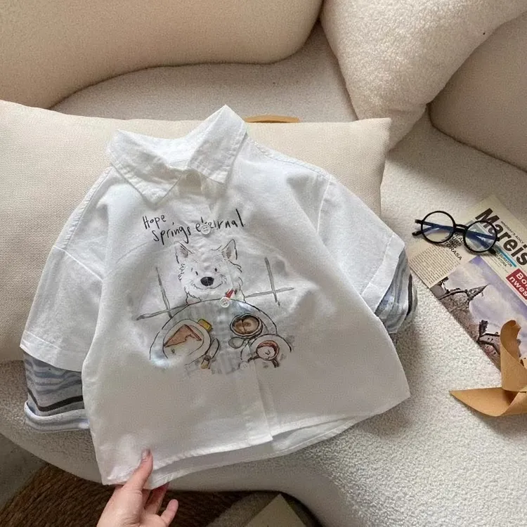 儿童春季假两件衬衫小童洋气百搭卡通衬衣男童上衣宝宝春装衣服潮