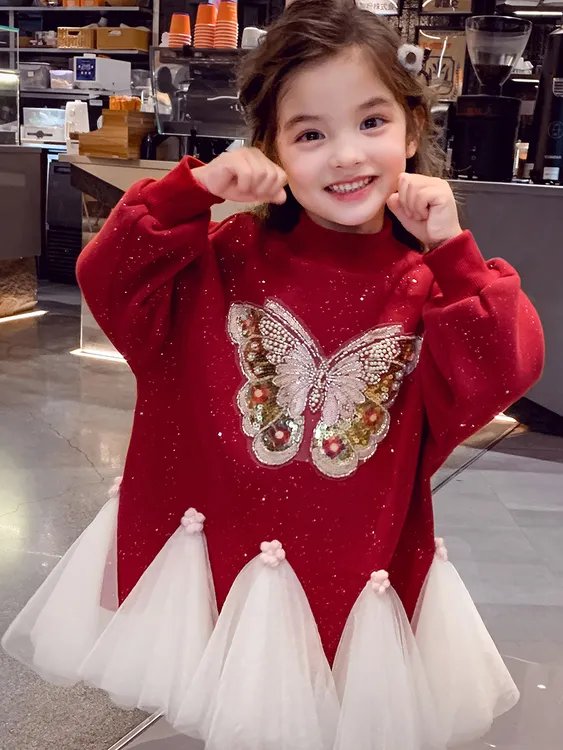 女童加绒连衣裙小女孩卫衣裙冬装2025新款洋气儿童亮片网纱公主裙