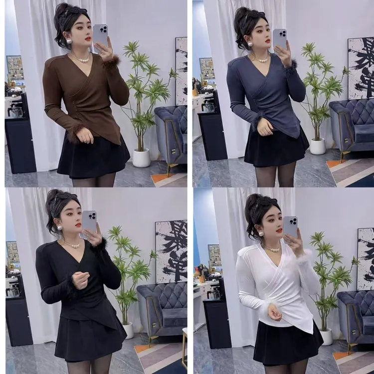 朵伊家【交叉V领】新款千金风V领毛绒袖口设计感修身不规则上衣3208