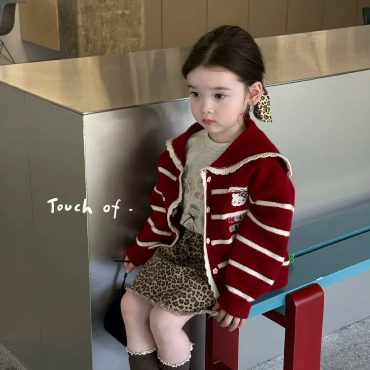 女童毛衣2025新款秋装儿童宽松卡通字母针织开衫洋气女孩条纹上衣