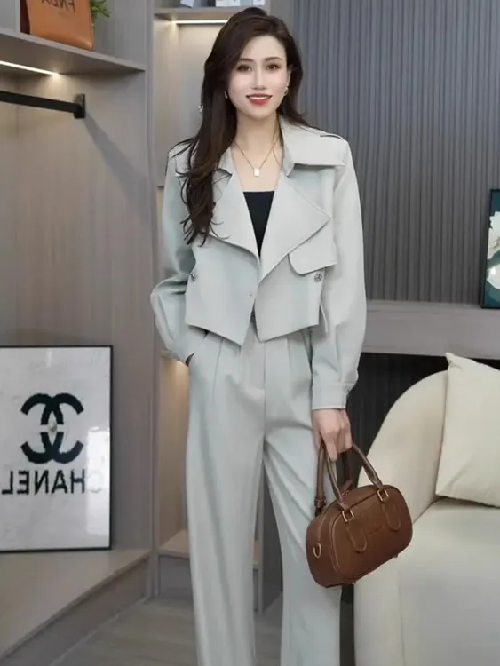 0330西装套装女2025春秋法式气质御姐风衣外套阔腿裤两件套