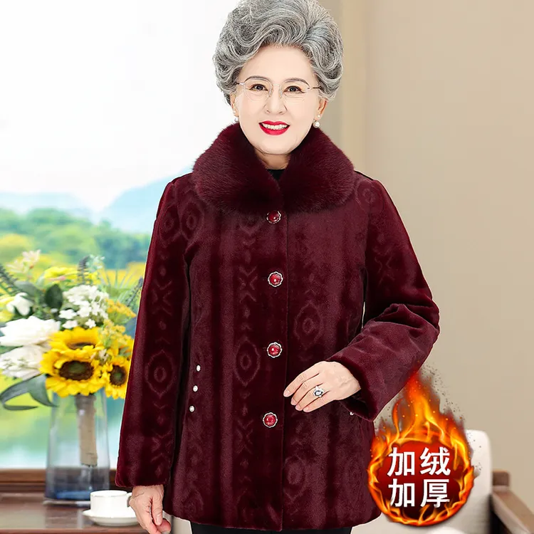 奶奶冬装水貂绒大衣加绒加厚中老年人女妈妈装棉衣外套老太太上衣