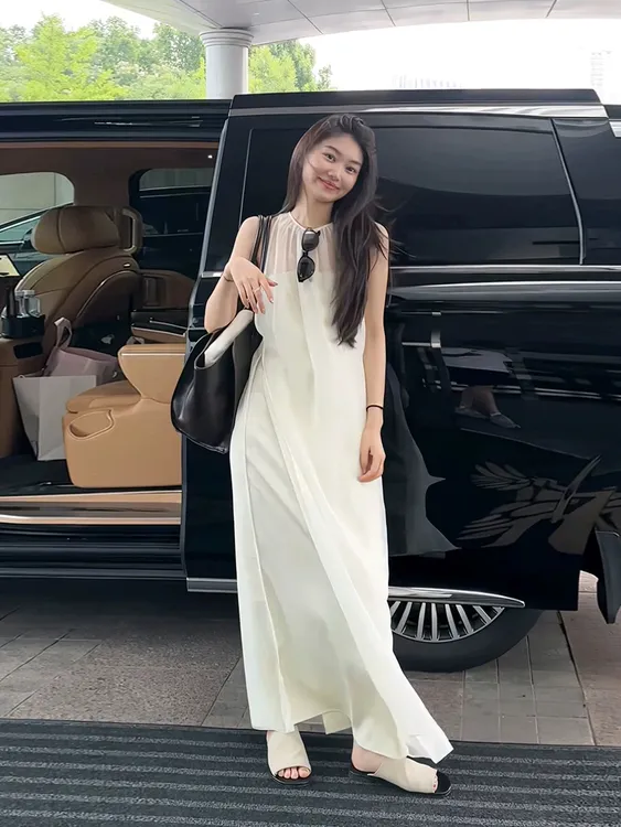 法式气质休闲网纱宽松无袖连衣裙女装2025夏季新款时尚百搭长裙子