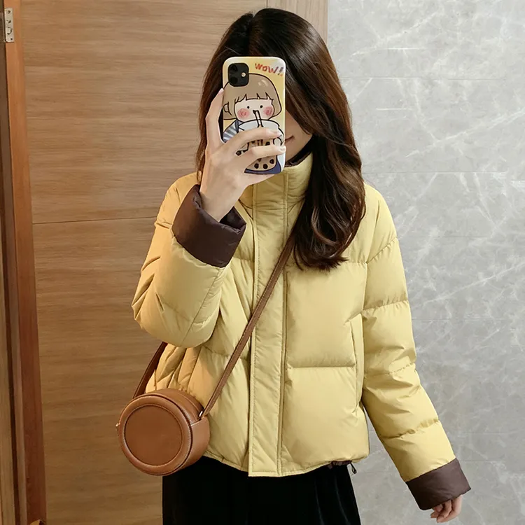 2025时尚百搭韩系撞色立领服短外套女冬季小个子保暖手塞衣