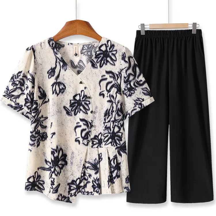 2025新款洋气中老年女装时尚两件套洋气妈妈夏季上衣服套装