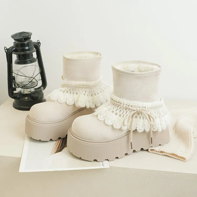 女鞋靴子厚底雪地靴冬季牛反绒磨砂皮套筒圆头人造短毛绒牛（羽乐）