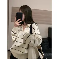 韩系条纹polo领针织打底衫女春秋内搭上衣温柔气质翻领高级感毛衣