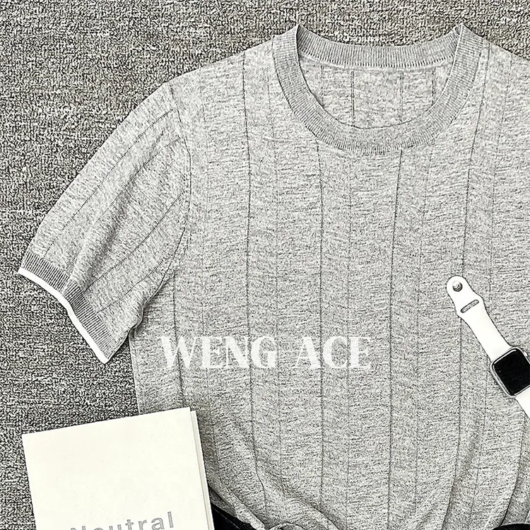 WENGACE设计师男装高级感老钱风亚麻天丝男士针织短袖