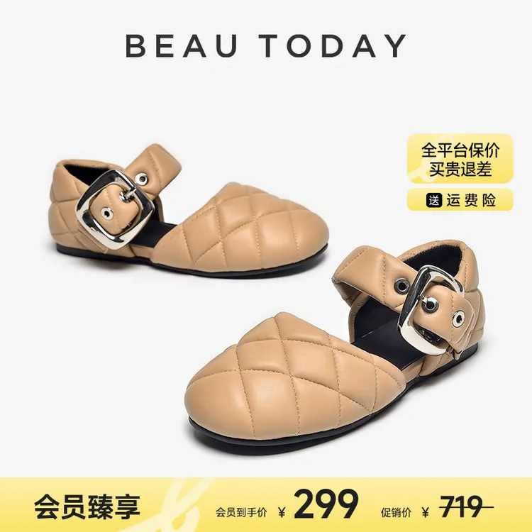 BeauToday【专柜同款】全羊皮软底软面一字带包头时装软底百搭凉鞋