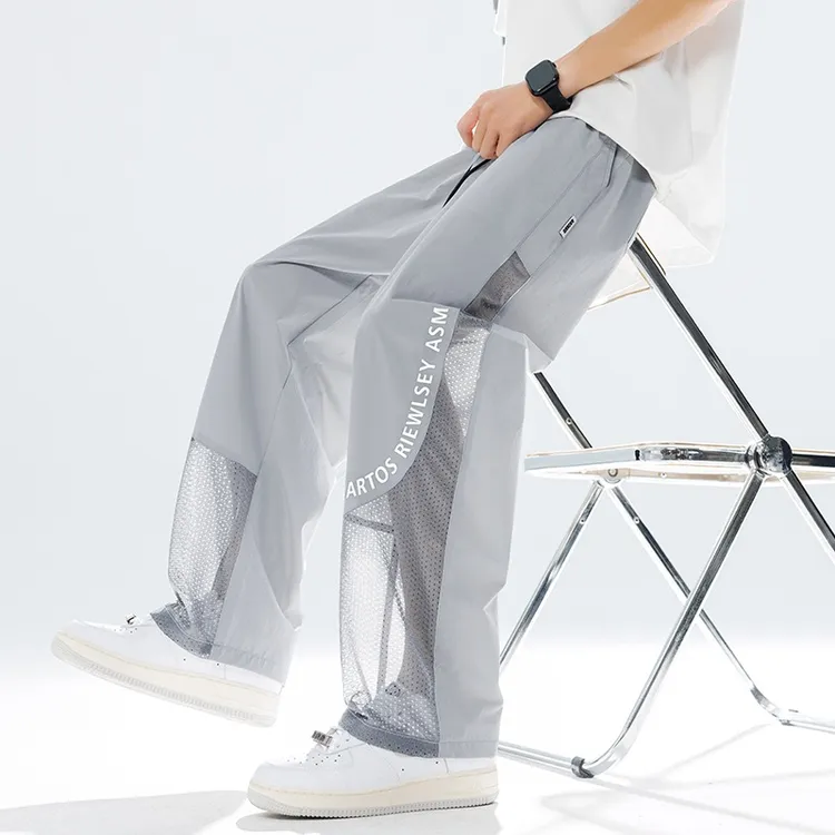 男士夏凉裤夏季薄款网眼大码冰丝休闲裤潮流百搭直筒裤透气防蚊裤