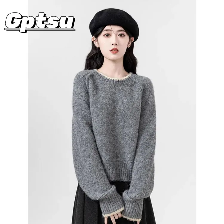 GPTSu冬季新款针织宽松休闲圆领毛衣女士时尚灰色小慵懒风格毛衣