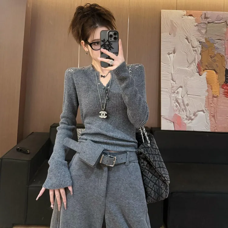 2025年秋冬新款厚针织衫打底衫显瘦修身镂空上衣W2-36