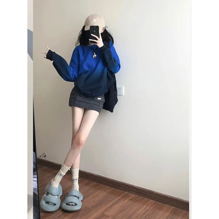 美式渐变圆领卫衣女春秋薄款韩版宽松oversize慵懒风中长款上衣潮