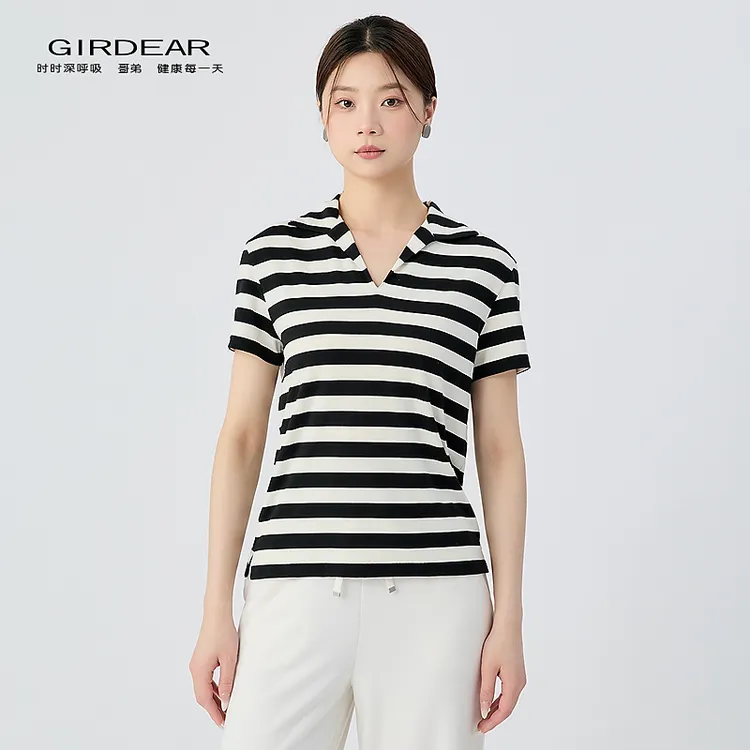 哥弟  品质女装经典百搭舒适柔软亲肤Polo领条纹短袖T恤130081