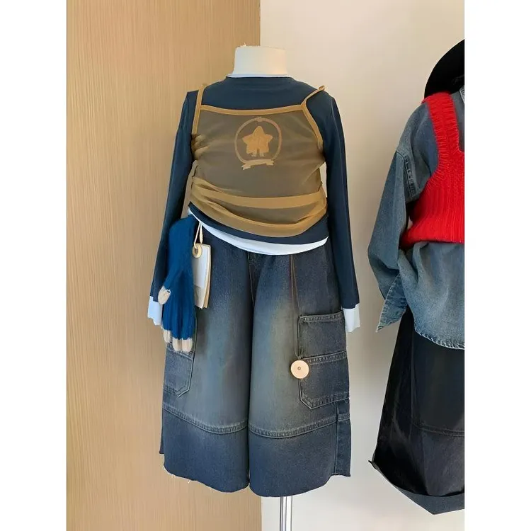 童装女童套装秋装2025新款女孩网纱吊带打底衫时髦工装牛仔阔腿裤