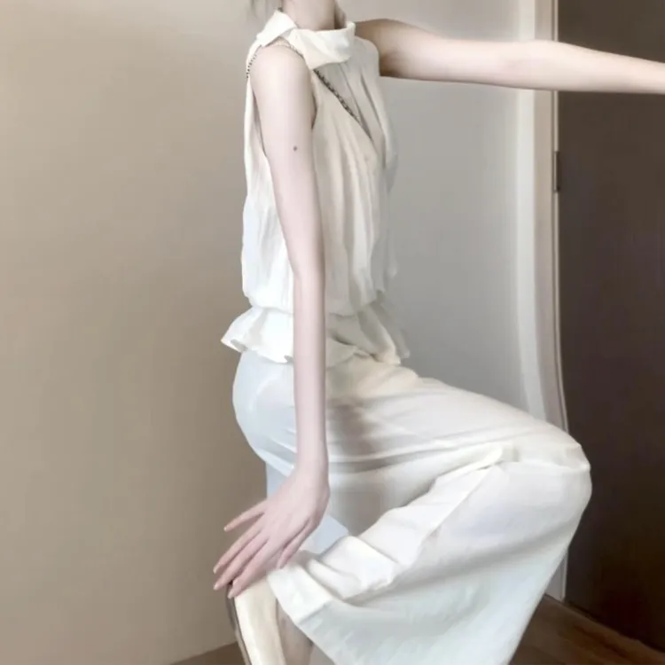 法式设计感白色挂脖连衣裙裤子套装女2025新款爆款夏日小众两件套