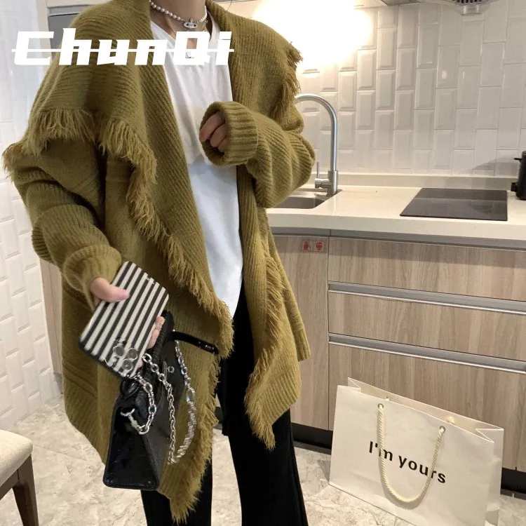 淳启秋冬气质开衫大翻领针织衫中长款百搭毛衣女宽松显瘦外套潮流