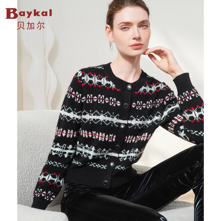 贝加尔秋冬复古提花圆领毛衣外套黑色费尔岛纯羊绒针织开衫25056