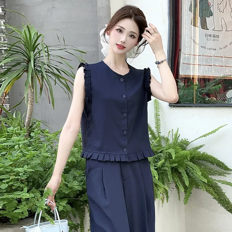 欧货木耳边无袖上衣时尚休闲套装女夏季2025新款九分阔腿裤两件套