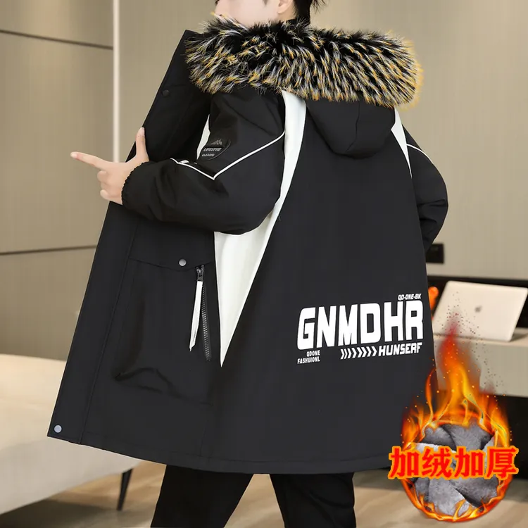 中长款加绒加厚男士外套冬季连帽青少年夹克男派克服防寒保暖棉服