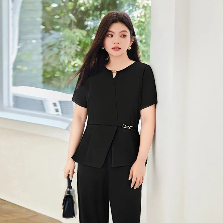 MsShe大码女装夏装优雅串珠开叉显瘦短袖小衫阔腿裤T~B2507041