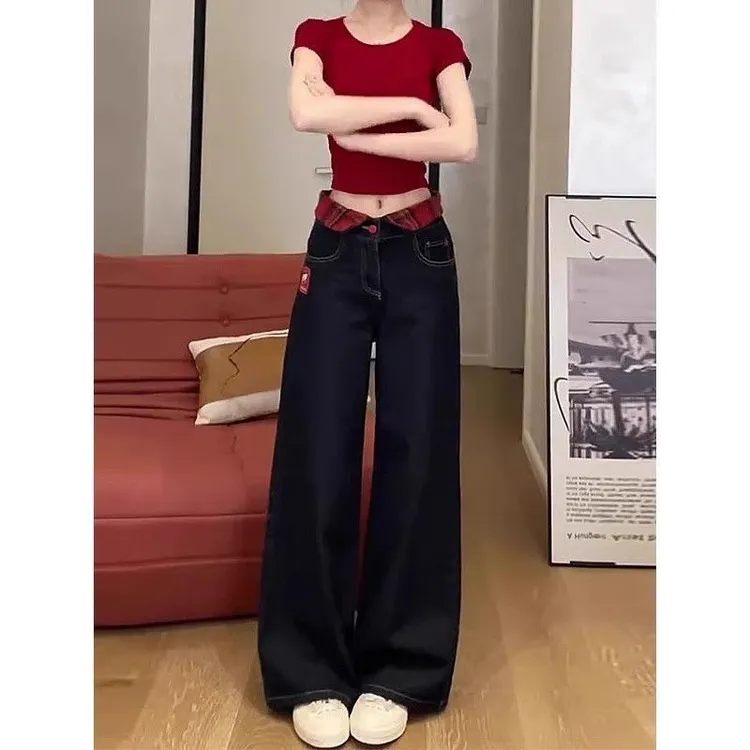 kt猫刺绣黑色直筒牛仔裤女2025秋冬季新款高腰宽松阔腿长裤子