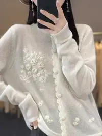 【100纯羊毛】纯色手工钩花开衫女士上衣BMJ