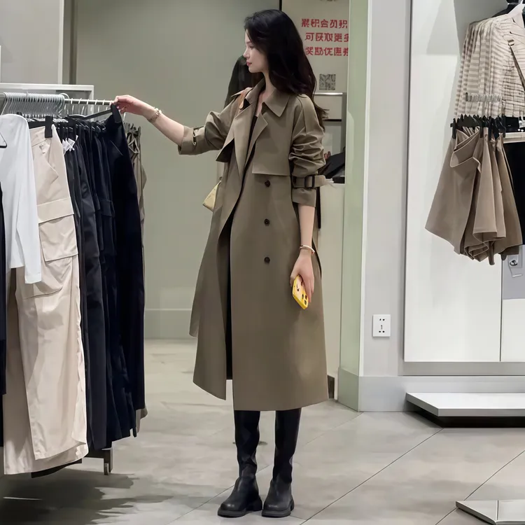 小个子风衣外套女中长款2025春秋新款韩版气质收腰系带绿色大衣