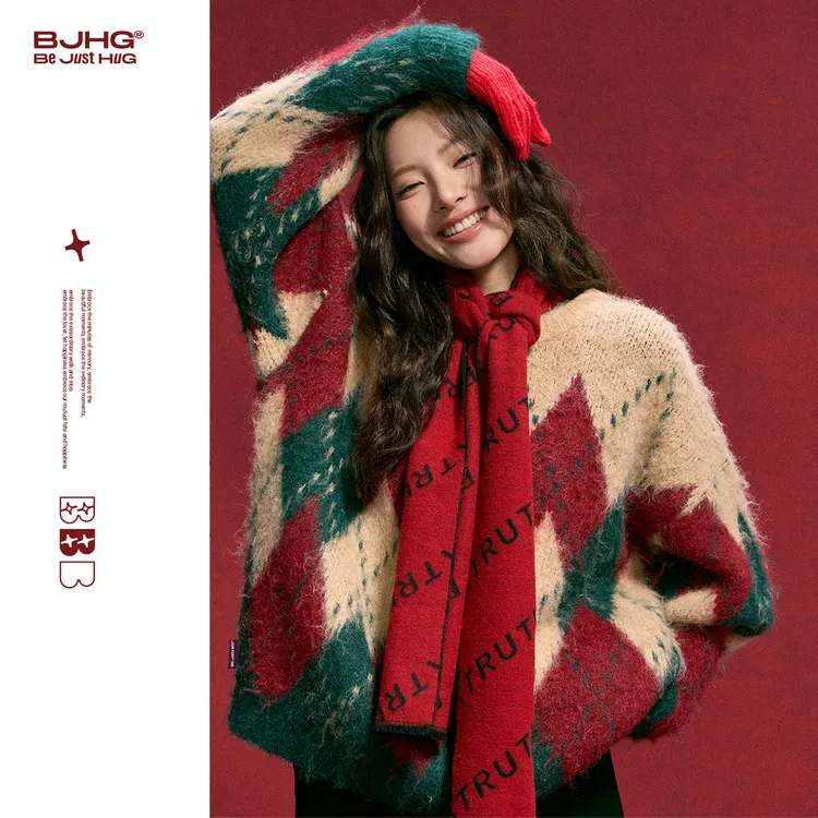 BJHG不计后果圣诞毛衣女款冬季潮牌红色复古格子宽松内搭针织衫男