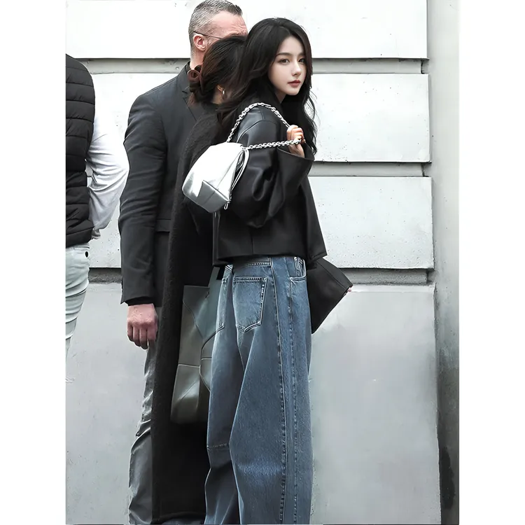 芙沿蓝色阔腿牛仔裤女幂姐同款2025春季新款显瘦宽松直筒弯刀裤子