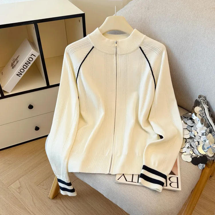 韩系学院风立领拉链长袖针织开衫女秋冬洋气减龄外穿毛衣外套上衣