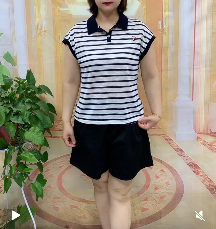 常规款女士T恤百搭刺绣条纹短袖衫显瘦休闲