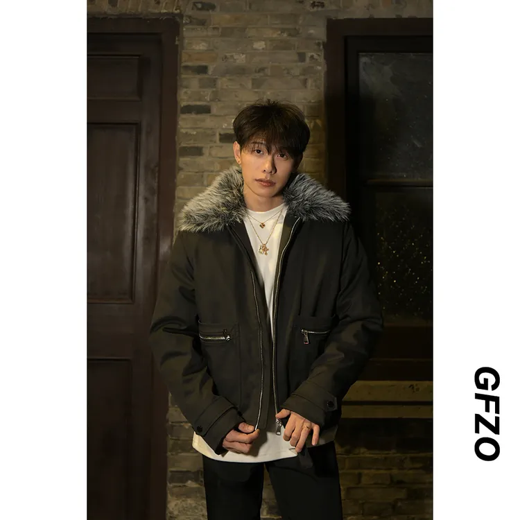 冬季高级感可拆卸毛领棉服外套男宽松保暖翻领棉衣