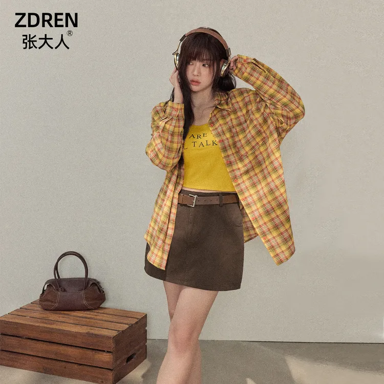 张大人【芒果罐头】大码女装微胖妹妹时尚慵懒格子衬衫搭牛仔半身裙