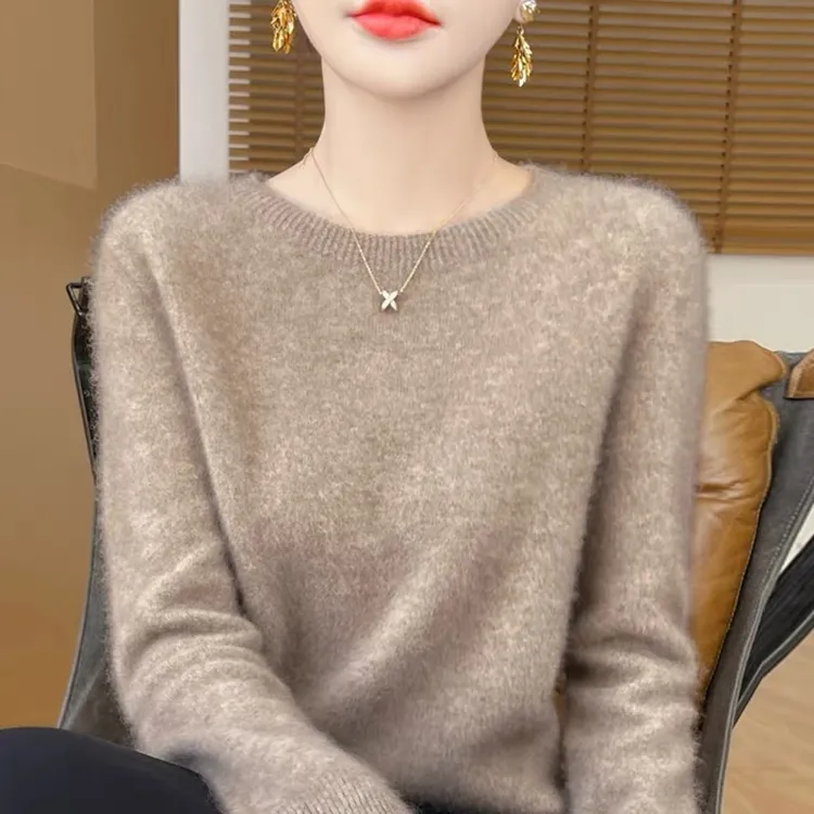鄂尔都市牧王羊绒衫女圆领宽松套头针织毛衣纯色内搭显瘦打底衫