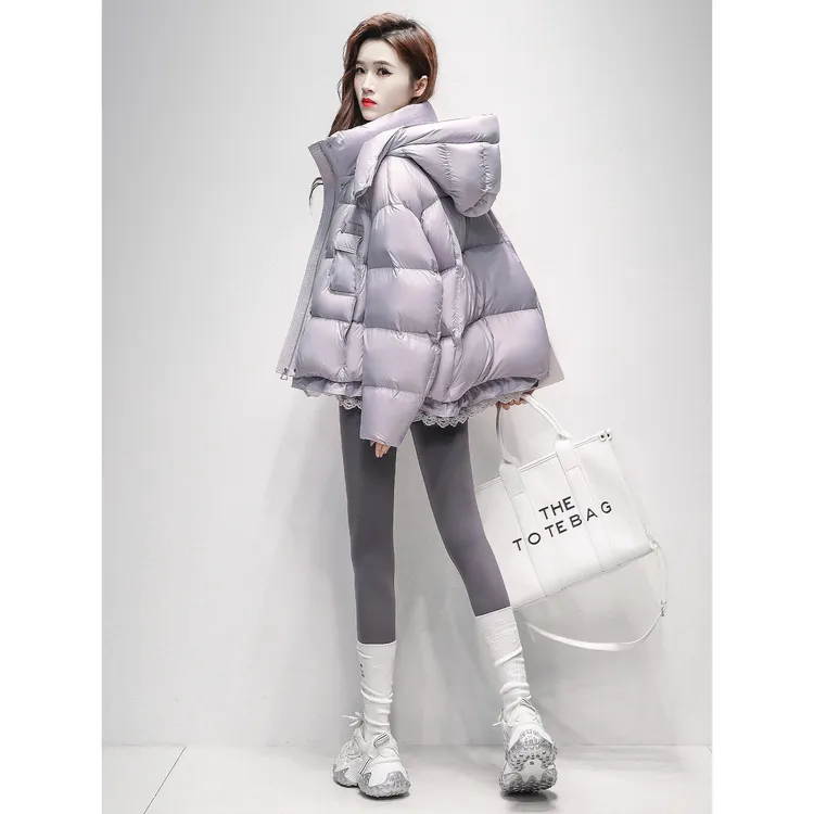 拉夏贝尔羽绒服女2025冬季新款韩版休闲拼接蕾丝边加厚保暖外套女