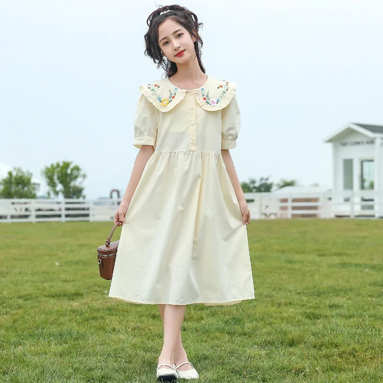 女童夏季连衣裙新款儿童女孩学院风时髦裙子学生娃娃领甜美公主裙