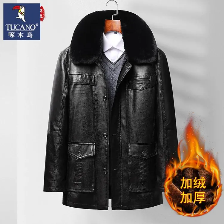 啄木鸟冬季中老年皮衣男加绒加厚爸爸装外套可脱卸翻领保暖皮夹克