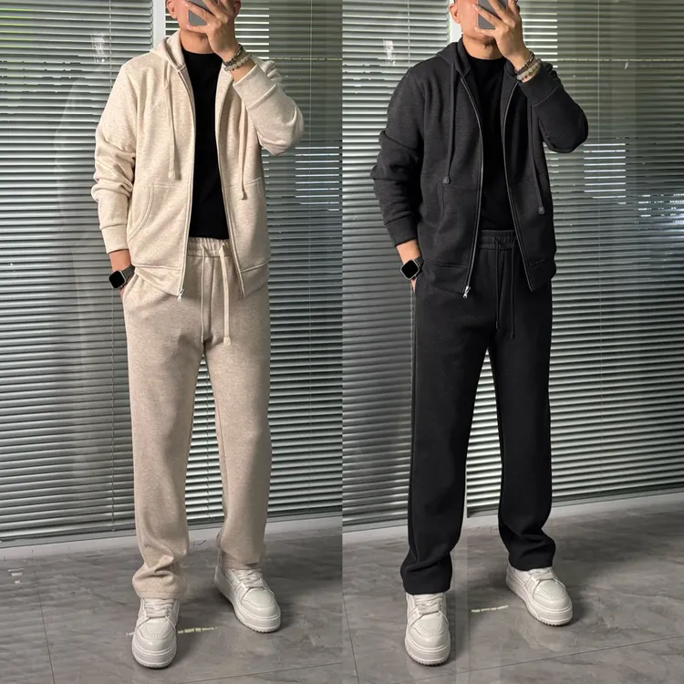 25【L-P】秋季高端纯色系连帽松弛感老钱风男装休闲套装7613