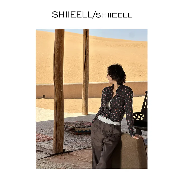 SHIIEELL老钱风复古气质独特玫瑰印花时尚百搭棉感长袖衬衫Z1093