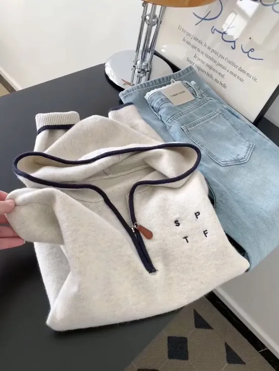 韩系半拉链内搭毛衣女秋冬季撞色边刺绣字母爱连帽假两件针织上衣