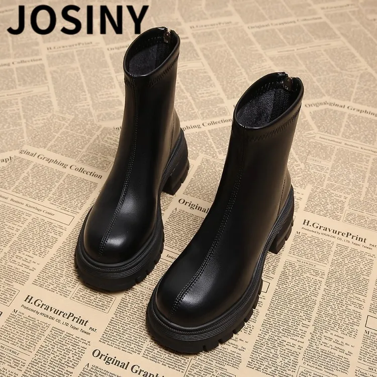 卓诗尼【断码清仓】加绒短靴女款2025秋冬单靴厚底高跟英伦风马丁靴