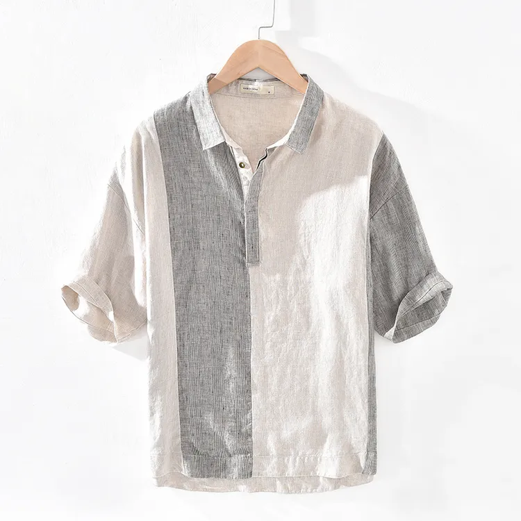 1723拼接条纹色织亚麻五分袖衬衫青年复古套头方领衬衣