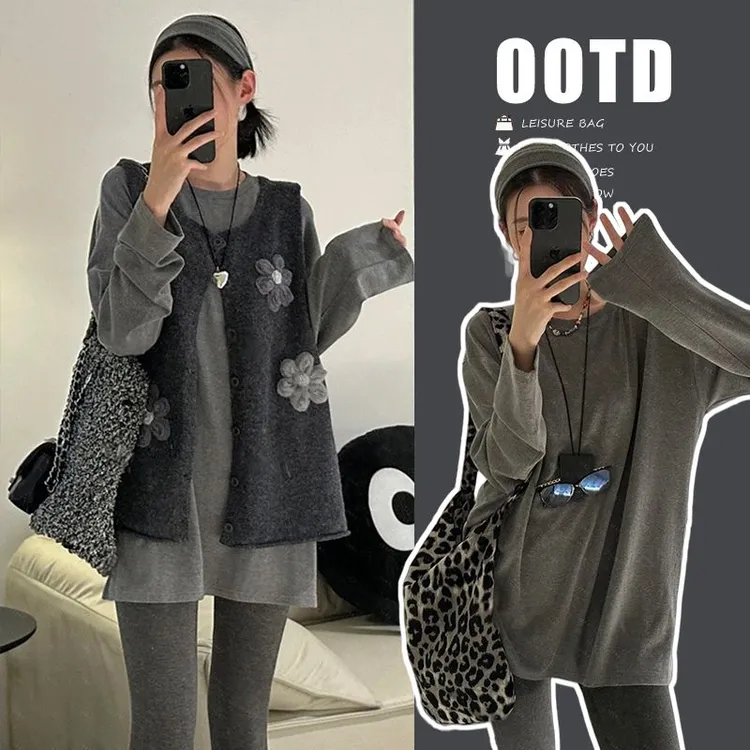孕妇装秋季套装新款韩版宽松长袖上衣显瘦孕妇马甲秋冬孕妇打底裤