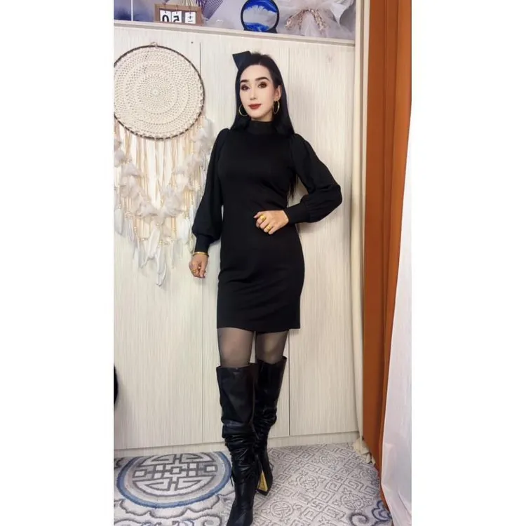 立领高腰轻职风短裙中长裙连衣裙打底包臀黑色气质
