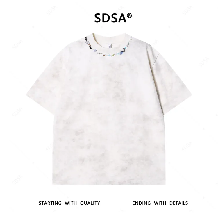 夏季高级感新款男士扎染领口立体珠子纽扣装饰短袖T恤重磅时尚潮