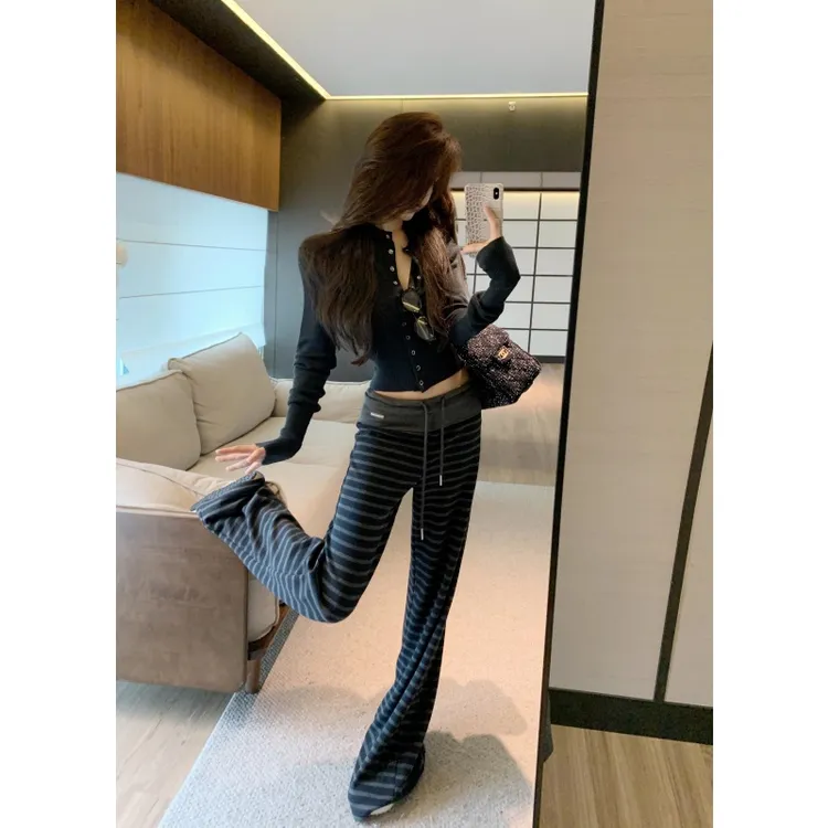 纯欲慵懒风女装修身长袖针织衫高腰抽绳休闲宽松显瘦直筒裤两件套