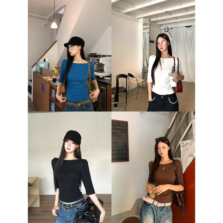 【薄雾记】秋季ins小众时尚百搭一字领五分袖修身显瘦T恤5170#